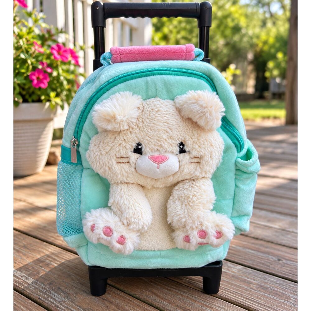 Plush Cat Rolling Backpack Trolley Mint Aqua Kids Travel Bag Kitty